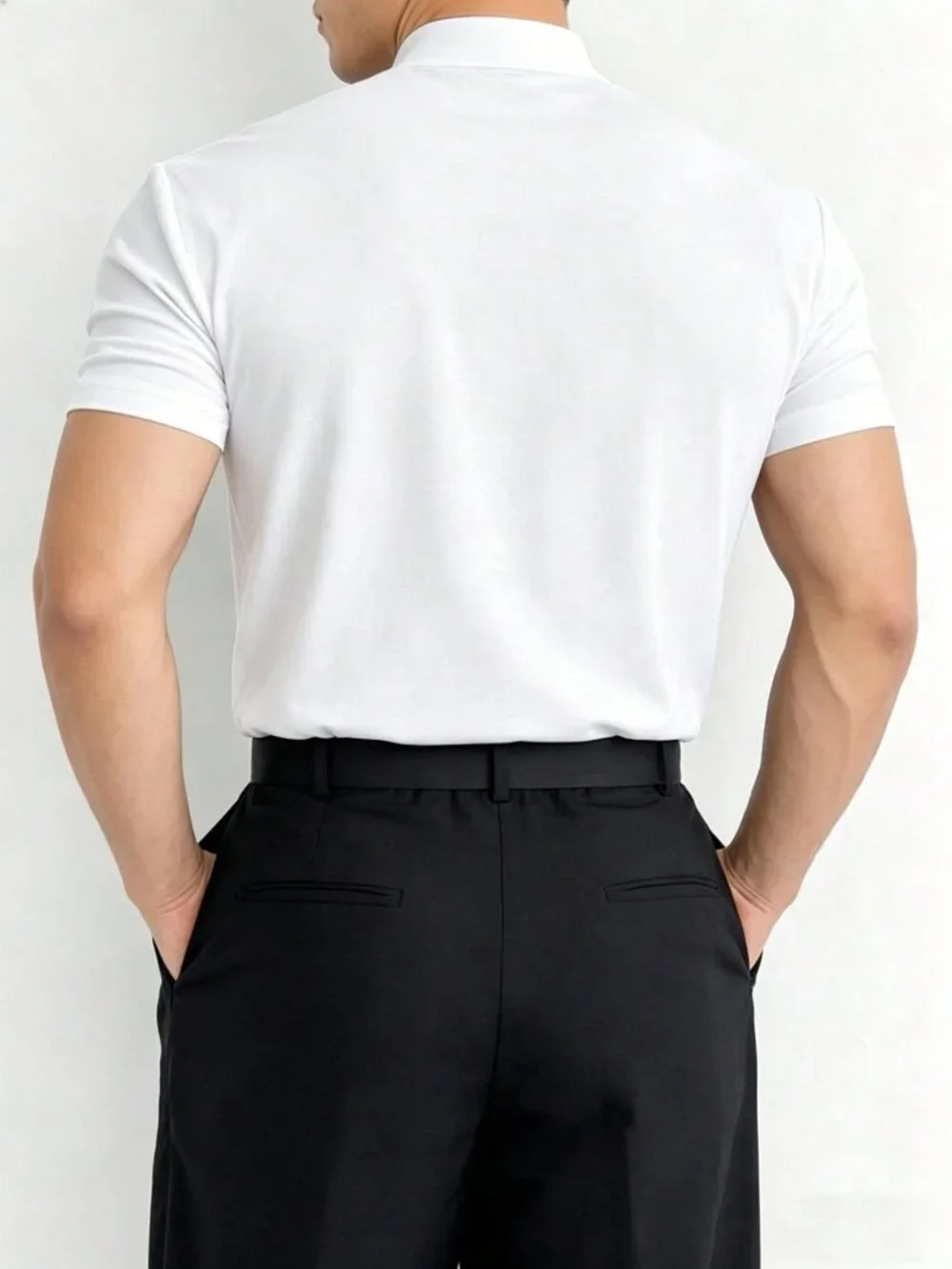 White Casual Men's Stand Collar Short Sleeve T-Shirt